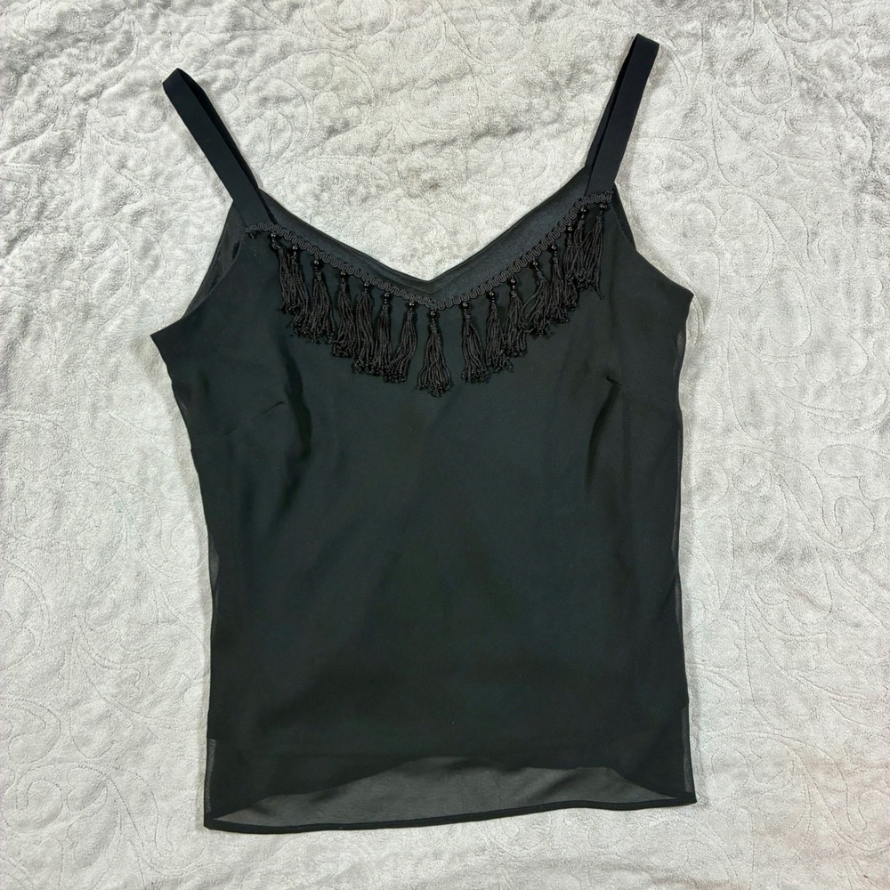 Vintage Y2K Tassel Fringe Cami Tank Top Size M Black Western Concert Rodeo 90s